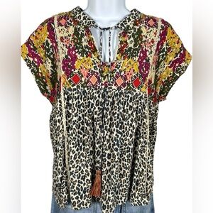 Coast Womens Mixed Media Embroidered Cheetah Tribal Animal Print Tassel Shirt XS